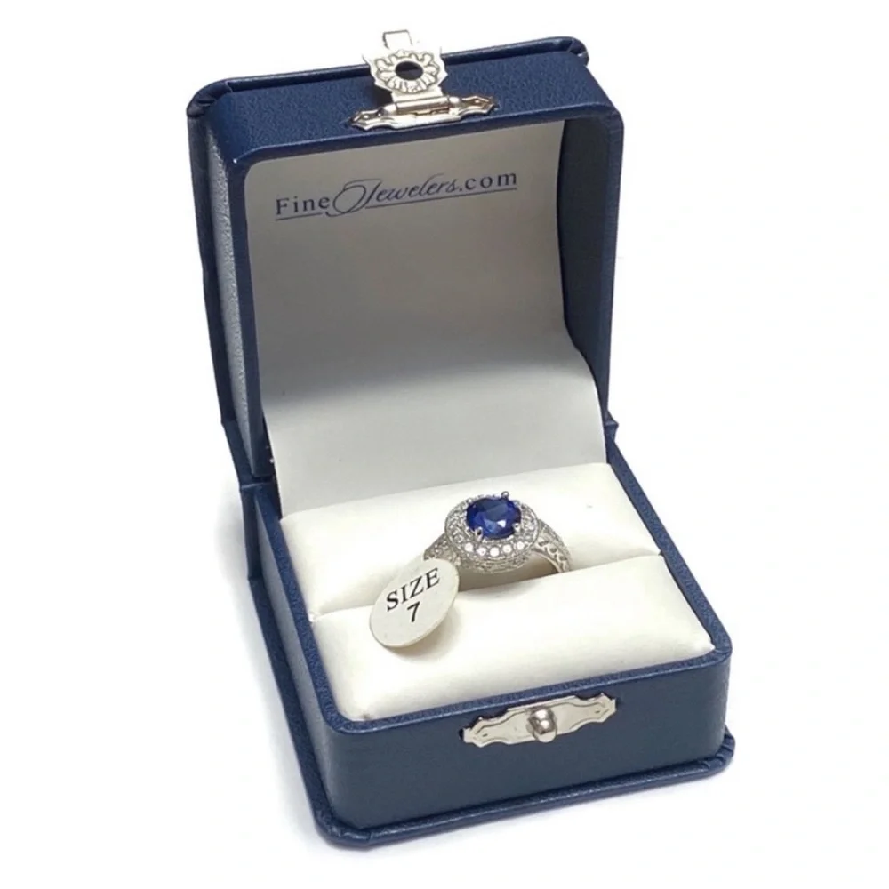 Sterling Silver Sapphire Engagement Ring with CZ Halo Size 7